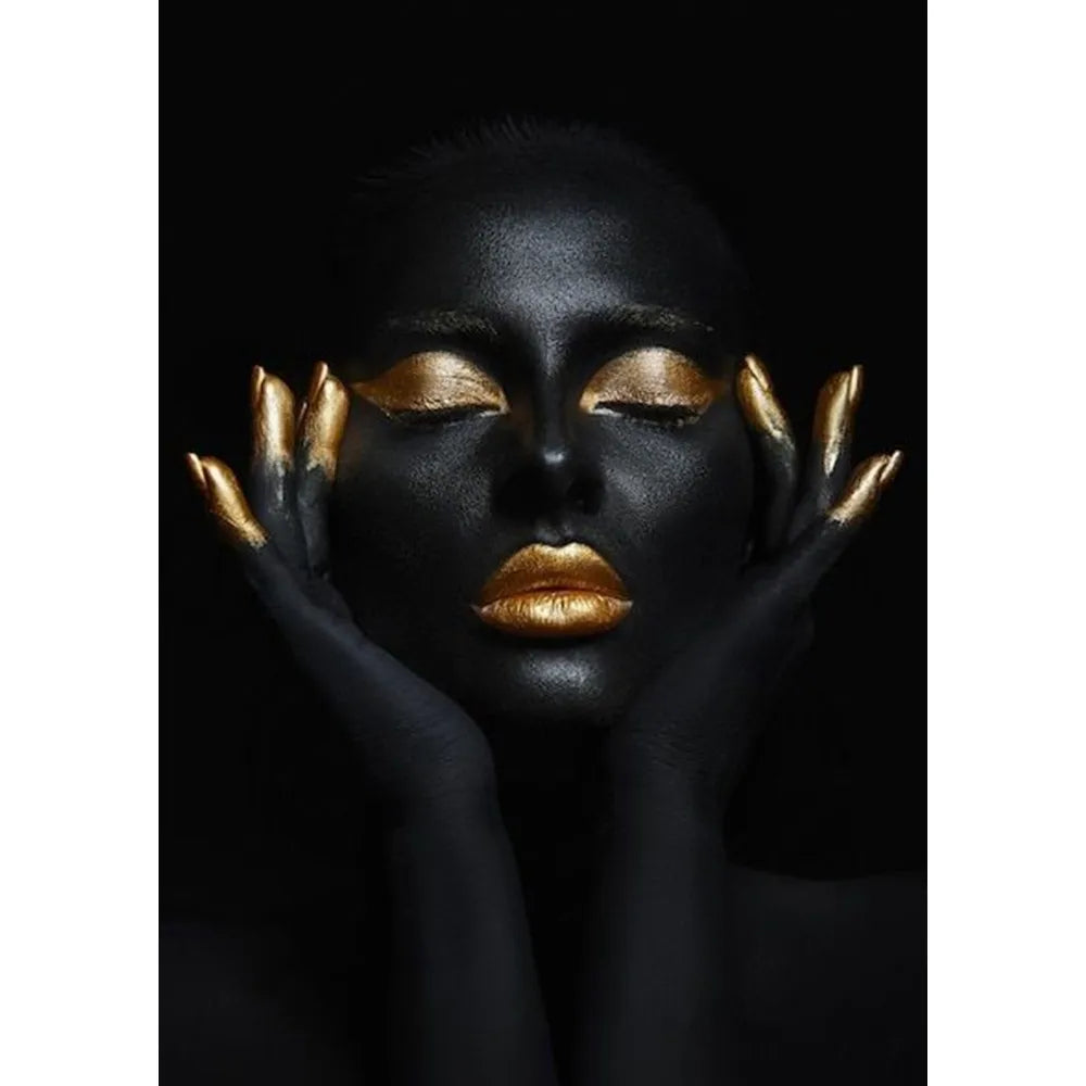 African Art Black And Gold Woman Oil Painting Poster Sticky Wall Art Printing Waterproof Home Living Bed Room Bar Aesthetic Deco