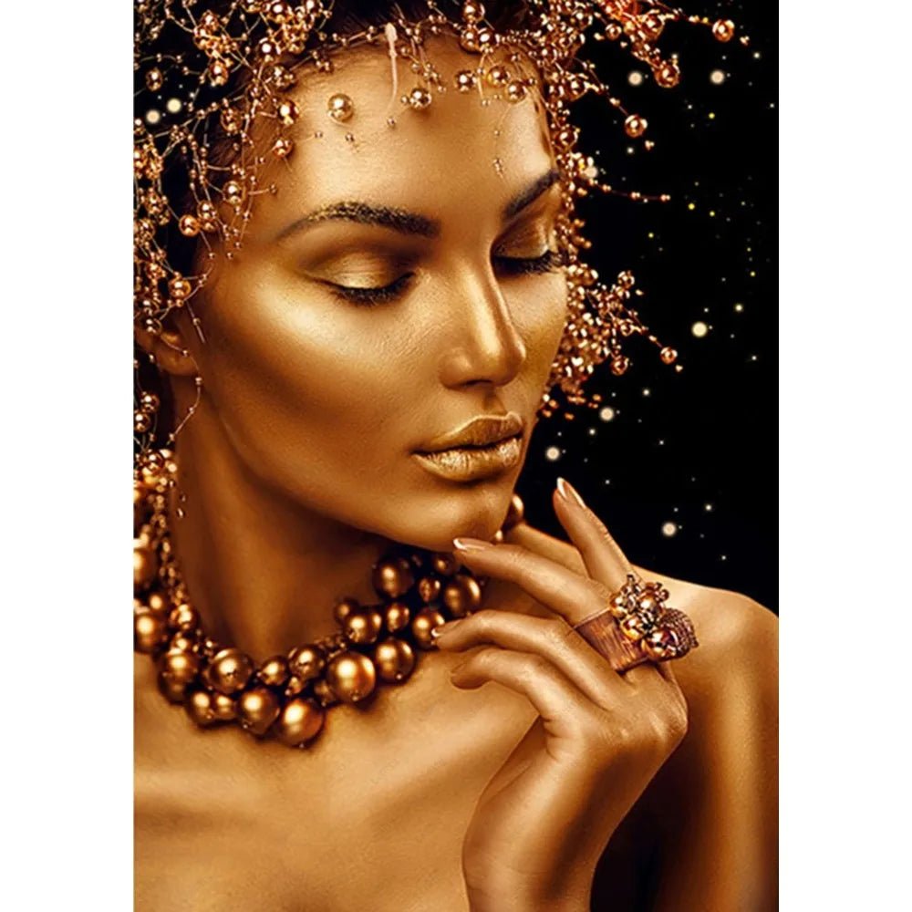 African Art Black And Gold Woman Oil Painting Poster Sticky Wall Art Printing Waterproof Home Living Bed Room Bar Aesthetic Deco