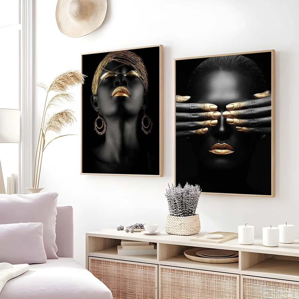 African Art Black And Gold Woman Oil Painting Poster Sticky Wall Art Printing Waterproof Home Living Bed Room Bar Aesthetic Deco