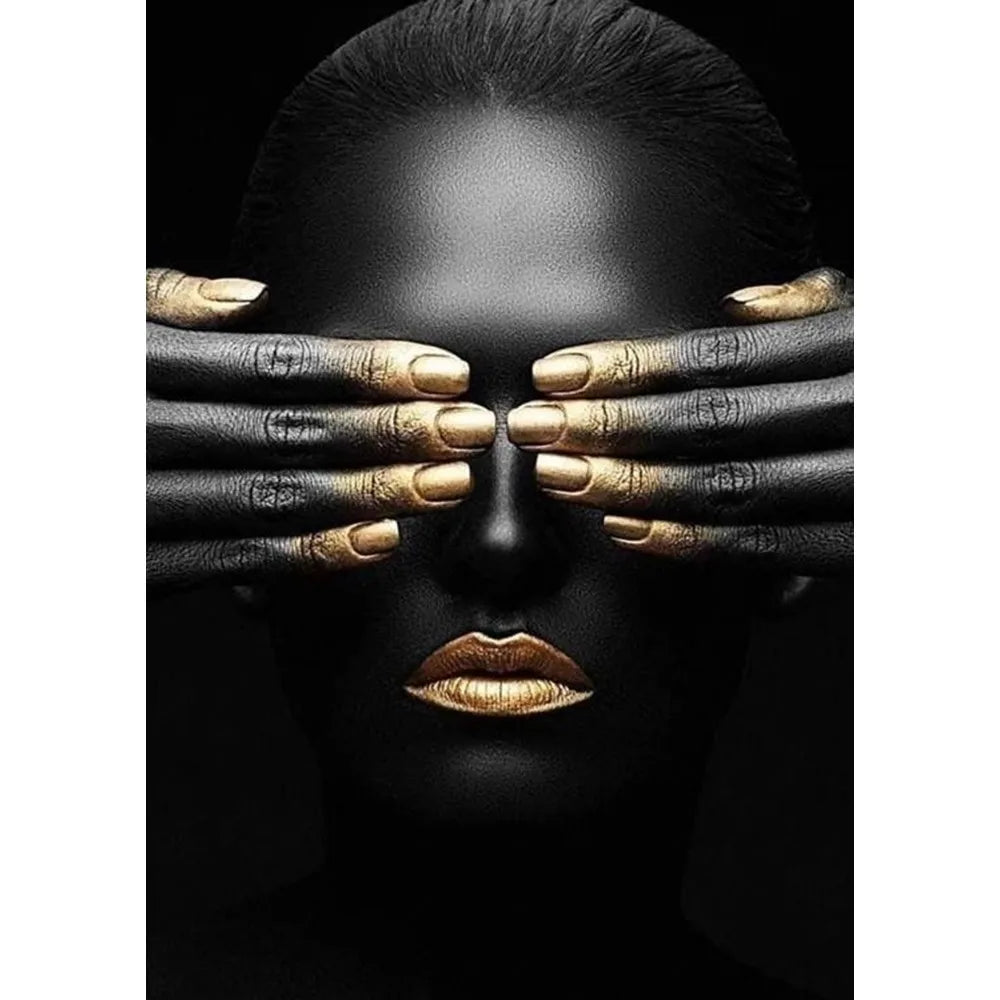 African Art Black And Gold Woman Oil Painting Poster Sticky Wall Art Printing Waterproof Home Living Bed Room Bar Aesthetic Deco