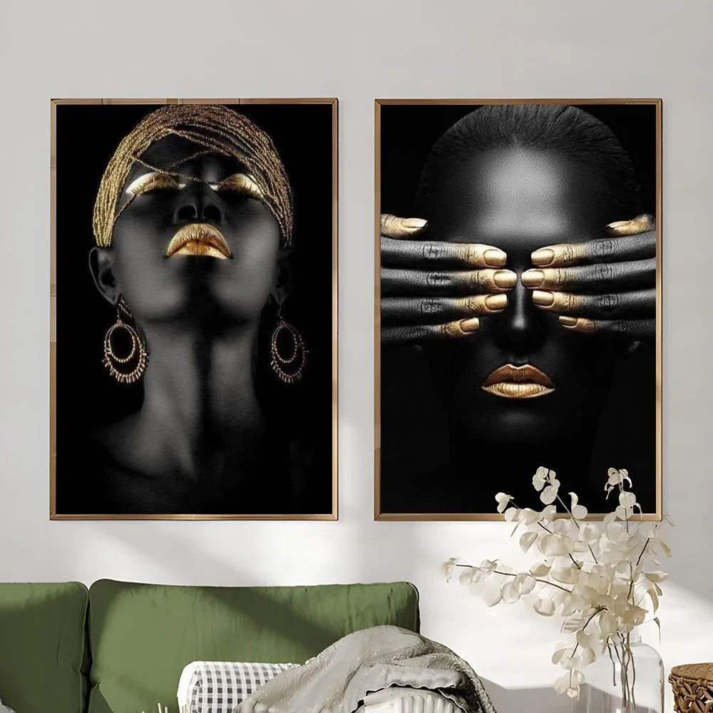 African Art Black And Gold Woman Oil Painting Poster Sticky Wall Art Printing Waterproof Home Living Bed Room Bar Aesthetic Deco