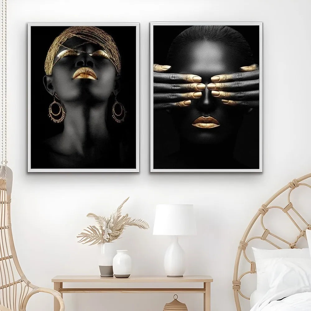 African Art Black And Gold Woman Oil Painting Poster Sticky Wall Art Printing Waterproof Home Living Bed Room Bar Aesthetic Deco