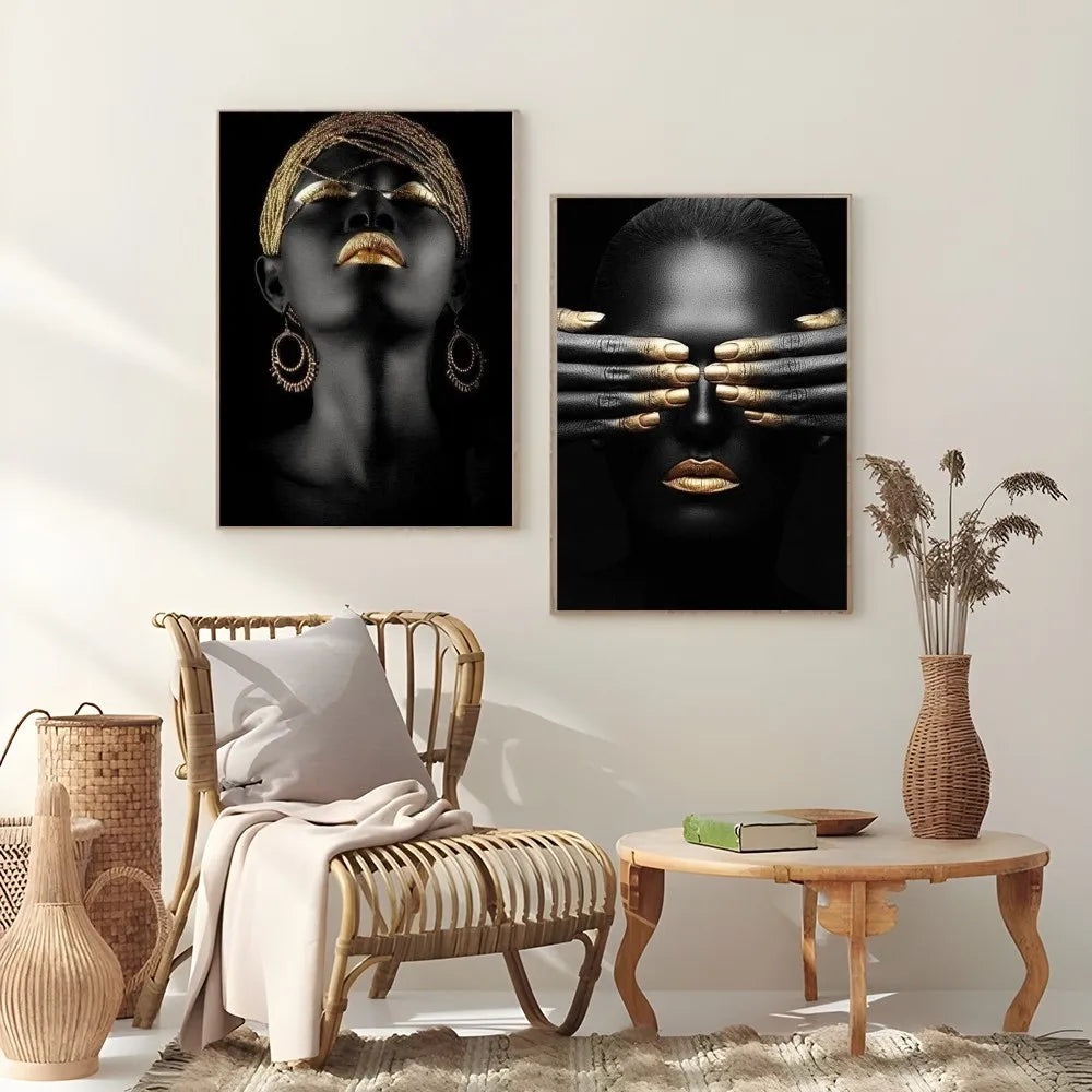 African Art Black And Gold Woman Oil Painting Poster Sticky Wall Art Printing Waterproof Home Living Bed Room Bar Aesthetic Deco