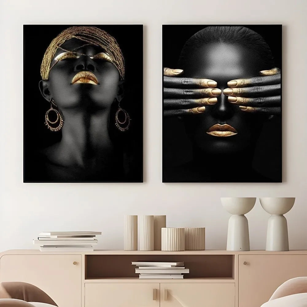 African Art Black And Gold Woman Oil Painting Poster Sticky Wall Art Printing Waterproof Home Living Bed Room Bar Aesthetic Deco