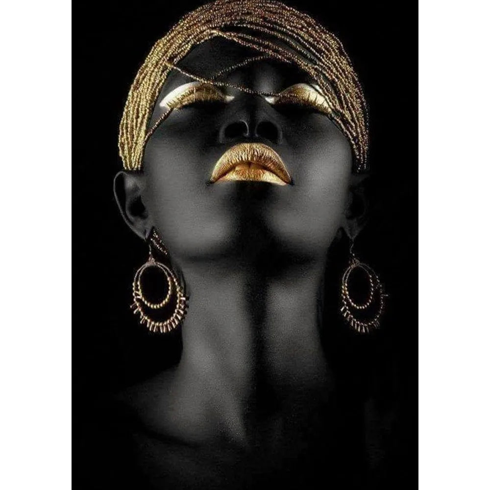 African Art Black And Gold Woman Oil Painting Poster Sticky Wall Art Printing Waterproof Home Living Bed Room Bar Aesthetic Deco