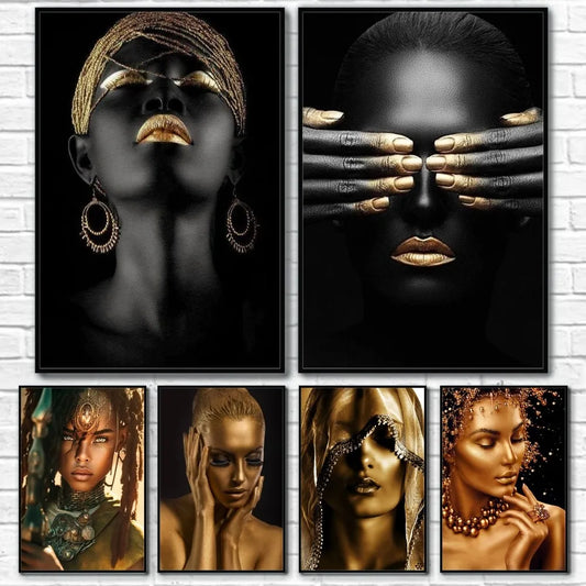 African Art Black And Gold Woman Oil Painting Poster Sticky Wall Art Printing Waterproof Home Living Bed Room Bar Aesthetic Deco