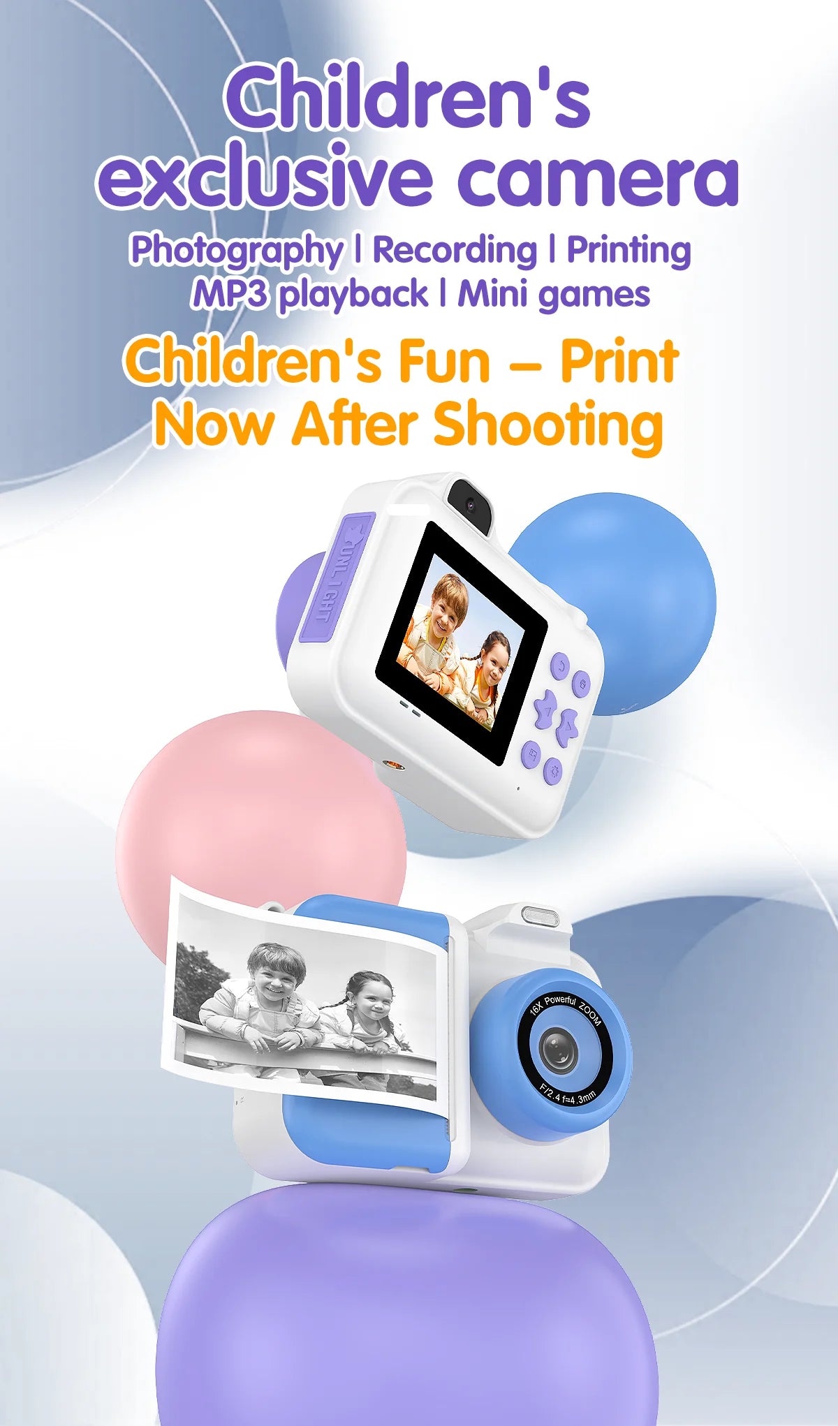 Instant Print Camera For Kids Mini Digital Video Camera Dual Lens Photo Printing Thermal Paper Toys Camera Boys Girls Gifts